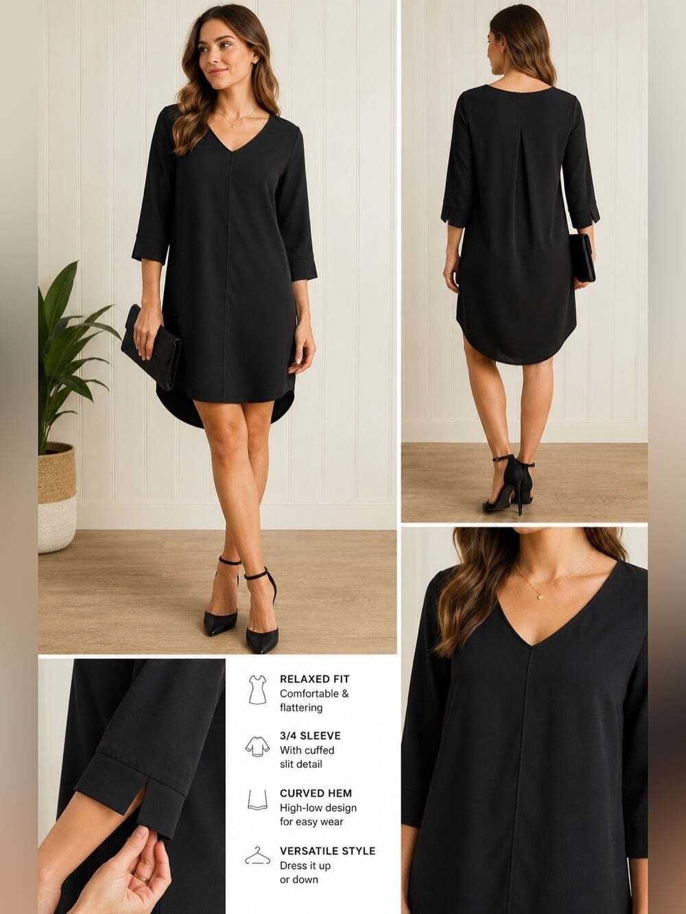 Monk & Lou Black V-Neck Tunic Dress | Minimalist Shift Dress | Size Small